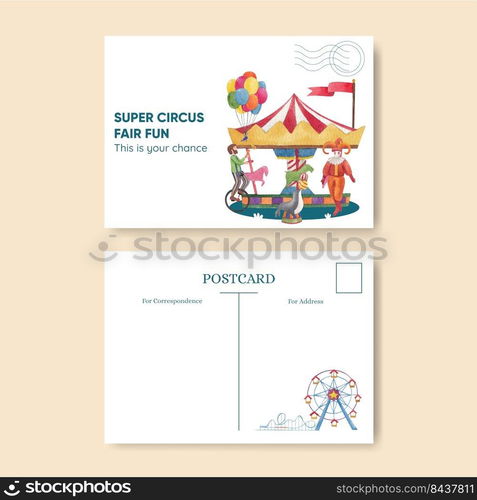 Postcard template with circus funfair concept,watercolor style 