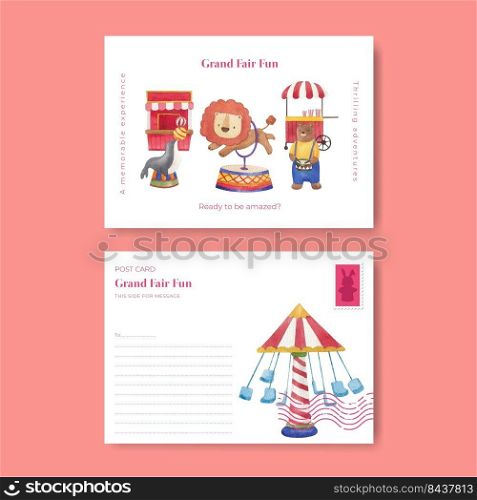 Postcard template with circus funfair concept,watercolor style 