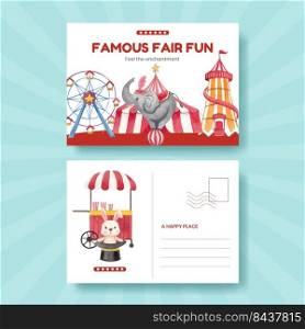 Postcard template with circus funfair concept,watercolor style
