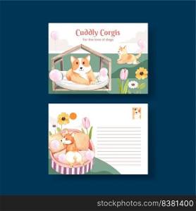 Postcard template with corgi dog concept,watercolor style  