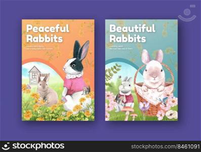 Postcard template with cute rabbit concept,watercolor style 