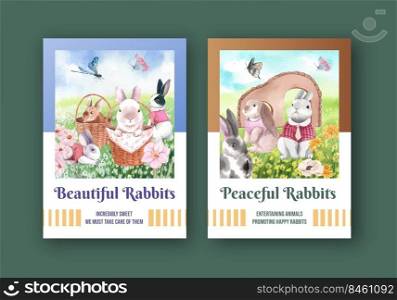 Postcard template with cute rabbit concept,watercolor style 
