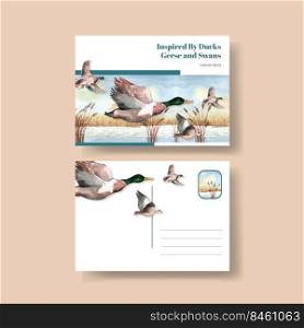 Postcard template with duck and swan concept,watercolor style 