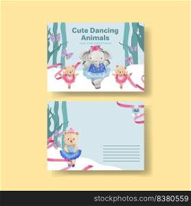 Postcard template with Fairy ballerinas animals concept,watercolor style 