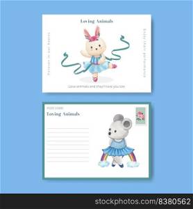 Postcard template with Fairy ballerinas animals concept,watercolor style
