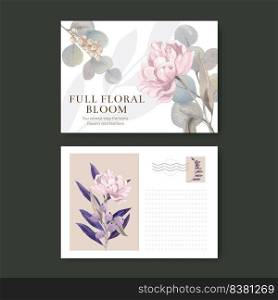 Postcard template with floral feather boho concept,watercolor style
