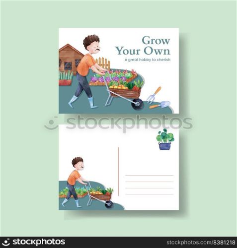 Postcard template with gardening home concept,watercolor style 