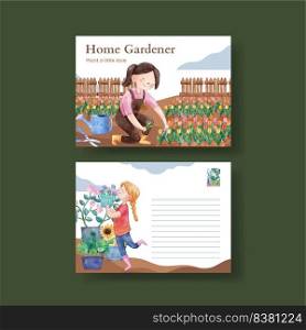 Postcard template with gardening home concept,watercolor style 