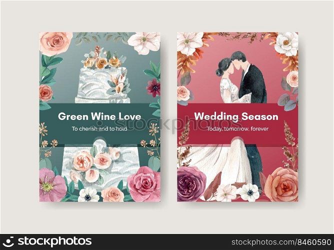 Postcard template with green wine wedding concept,watercolor style 