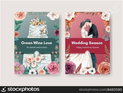 Postcard template with green wine wedding concept,watercolor style 