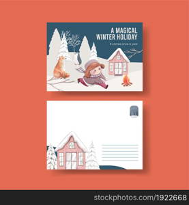 Postcard template with happy winter concept,watercolor style