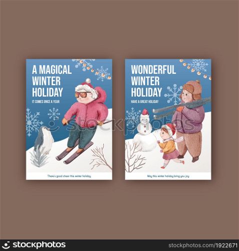Postcard template with happy winter concept,watercolor style