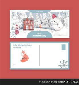 Postcard template with happy winter concept,watercolor style