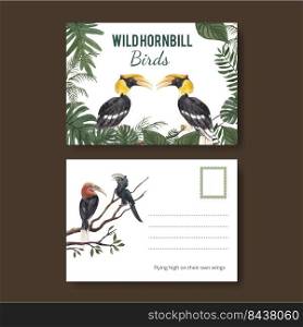 Postcard template with hornbill bird concept,watercolor style  