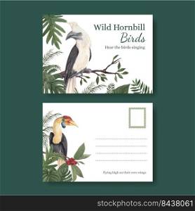 Postcard template with hornbill bird concept,watercolor style 
