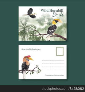 Postcard template with hornbill bird concept,watercolor style  