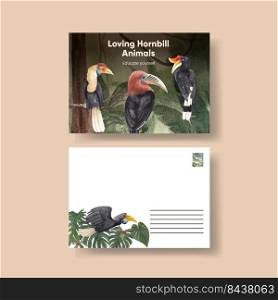 Postcard template with hornbill bird concept,watercolor style  