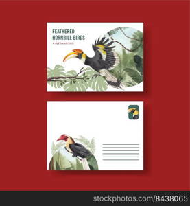 Postcard template with hornbill bird concept,watercolor style 
