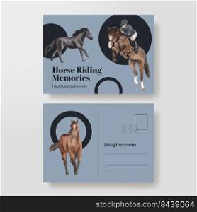 Postcard template with horseback riding concept,watercolor style 