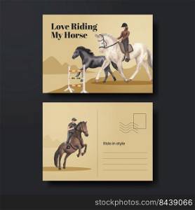 Postcard template with horseback riding concept,watercolor style 