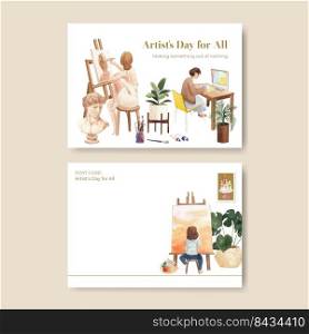 Postcard template with international artists day concept,watercolor style 