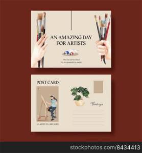 Postcard template with international artists day concept,watercolor style
