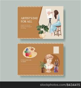 Postcard template with international artists day concept,watercolor style 