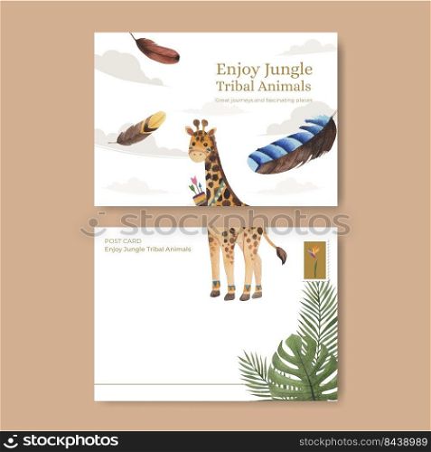 Postcard template with jungle tribal animal concept,watercolor style
