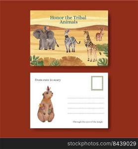 Postcard template with jungle tribal animal concept,watercolor style 