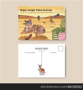 Postcard template with jungle tribal animal concept,watercolor style
