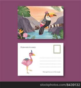 Postcard template with jungle tribal animal concept,watercolor style 