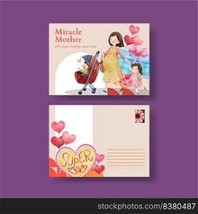 Postcard template with love supermom concept,watercolor style
