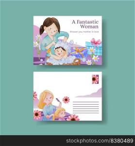 Postcard template with love supermom concept,watercolor style

