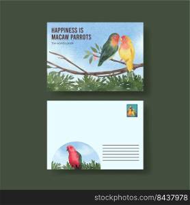 Postcard template with macaw parrot bird concept,watercolor style
