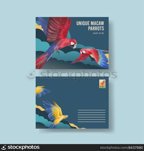 Postcard template with macaw parrot bird concept,watercolor style 