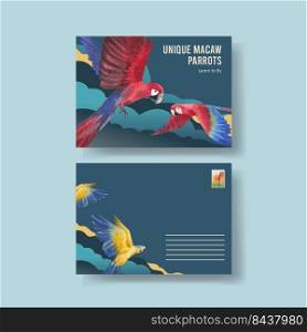 Postcard template with macaw parrot bird concept,watercolor style 