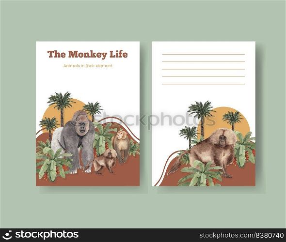 Postcard template with monkey in the jungle concept,watercolor style 
