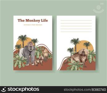 Postcard template with monkey in the jungle concept,watercolor style 