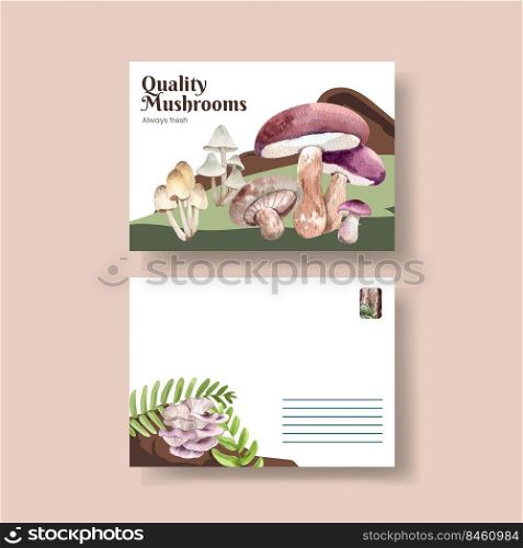 Postcard template with mushroom and forest plants concept,watercolor style 