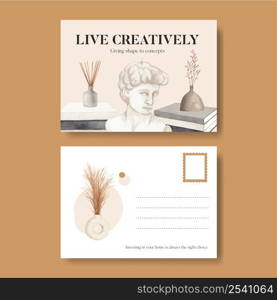 Postcard template with nordic antique home concept,watercolor style