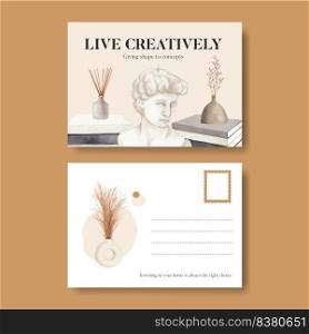 Postcard template with nordic antique home concept,watercolor style  