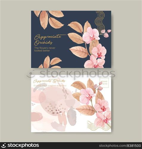 Postcard template with orchid flower with boho concept,watercolor style 