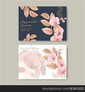 Postcard template with orchid flower with boho concept,watercolor style