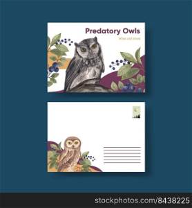 Postcard template with owl bird concept,watercolor style
