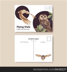 Postcard template with owl bird concept,watercolor style 