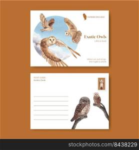 Postcard template with owl bird concept,watercolor style 