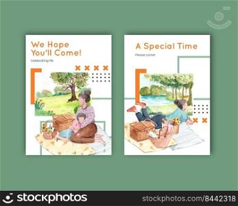 Postcard template with picnic travel concept design for greeting and invitation watercolor illustration 