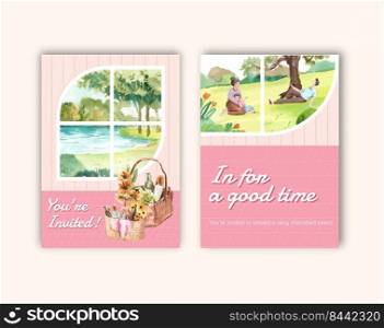 Postcard template with picnic travel concept design for greeting and invitation watercolor illustration 