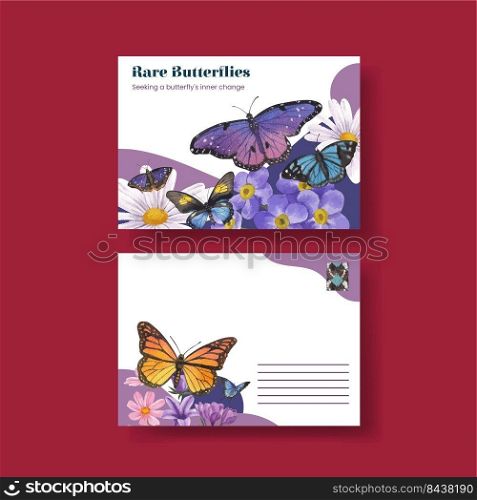 Postcard template with purple and blue butterfly concept,watercolor style 
