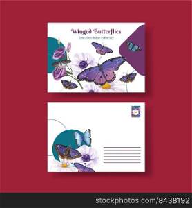 Postcard template with purple and blue butterfly concept,watercolor style
